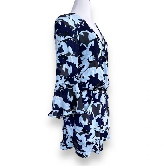 Parker Belize Print Romper 100% Silk Bell Sleeve Wrap Front V-Neck Vented Back